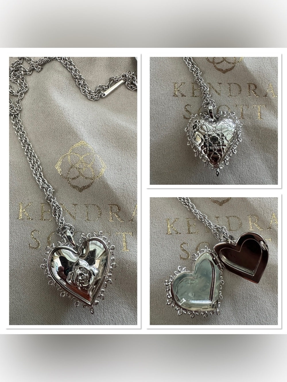 Kendra Scott Silver Mallory Rose Heart Locket with Silver Chain